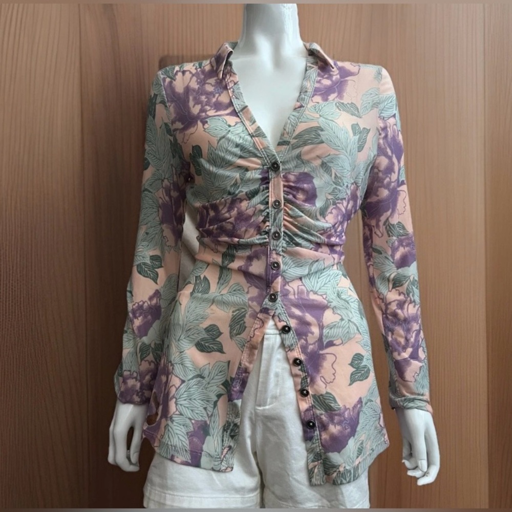 Free People Green and Purple top / Blouse Long Sleeve Button Down Small